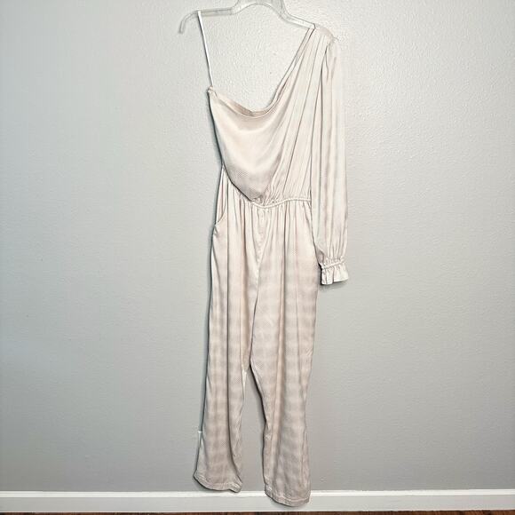 Love, Whit by Whitney Port Ivory Jacquard One‎ Shoulder Jumpsuit women’s size 14 - Picture 2 of 15